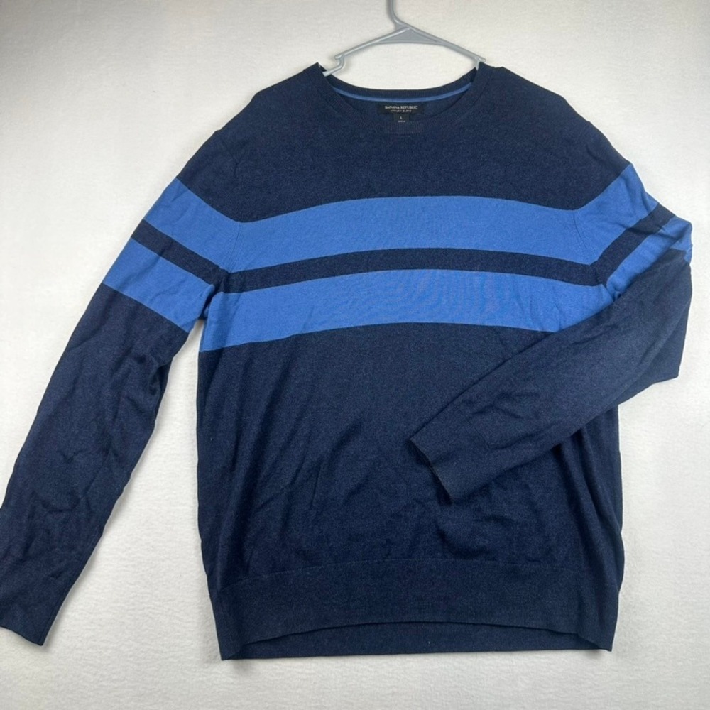 Banana Republic Sweater Mens L Navy Blue Silk Cashmere Cotton Striped Preppy